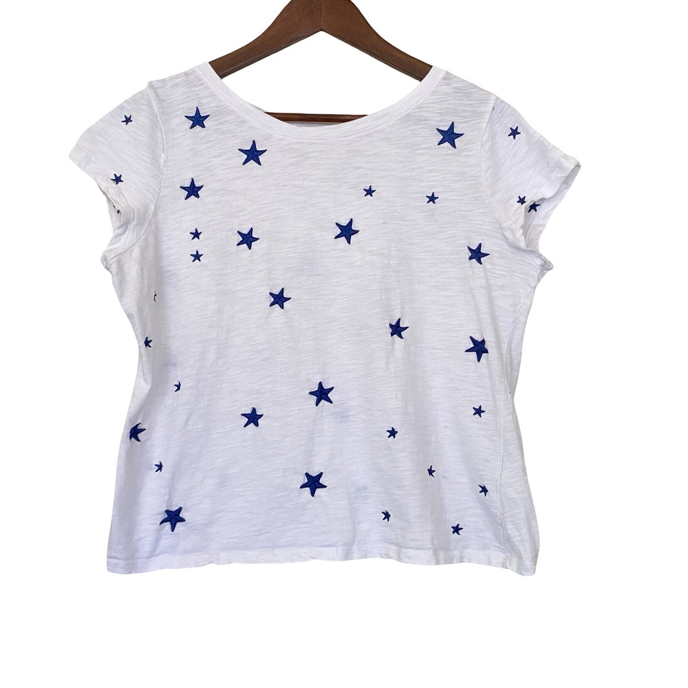 Cynthia Rowley Womens White Blue Embroidered Star Cotton Slub T-Shirt Size L